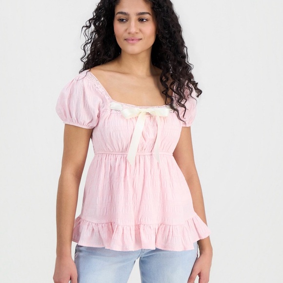 Ultra Flirt Tops - Ultra Flirt Light Pink Puff Sleeve Blouse
